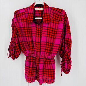 Free People Pink and Red Plaid Button-Down Shirt